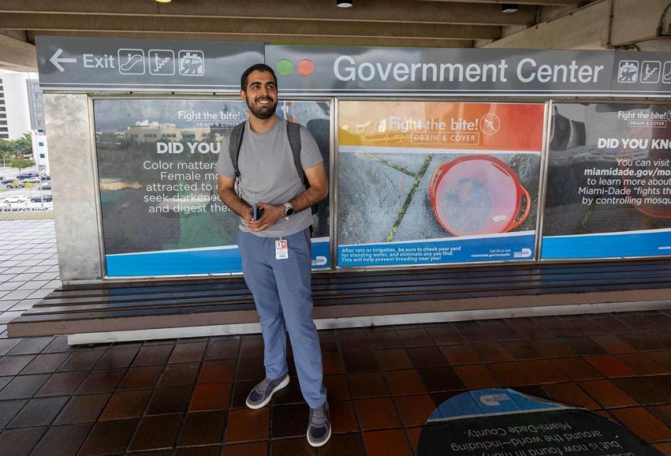 Vivek Sawhney, a student at the University of Miami Medical school is at the Government Center platform in downtown Miami. All rides are free starting Monday, November 13, 2023, thru the end of the year.