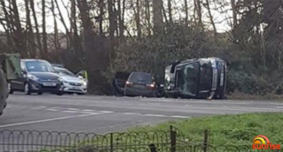 The 97-year-old’s Range Rover was flipped on its side after the two car crash. Image: Sunrise