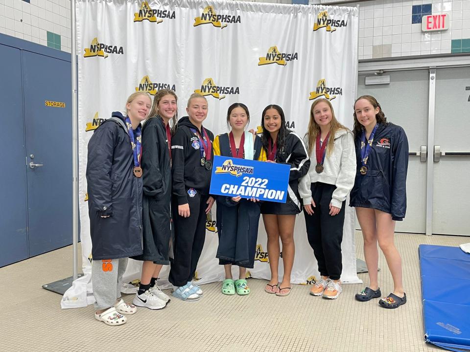 Fairport senior Sophie Meuwissen (third from left) was the runner-up at the NYSPHSAA Diving Championships on Friday at the Webster Aquatic Center.