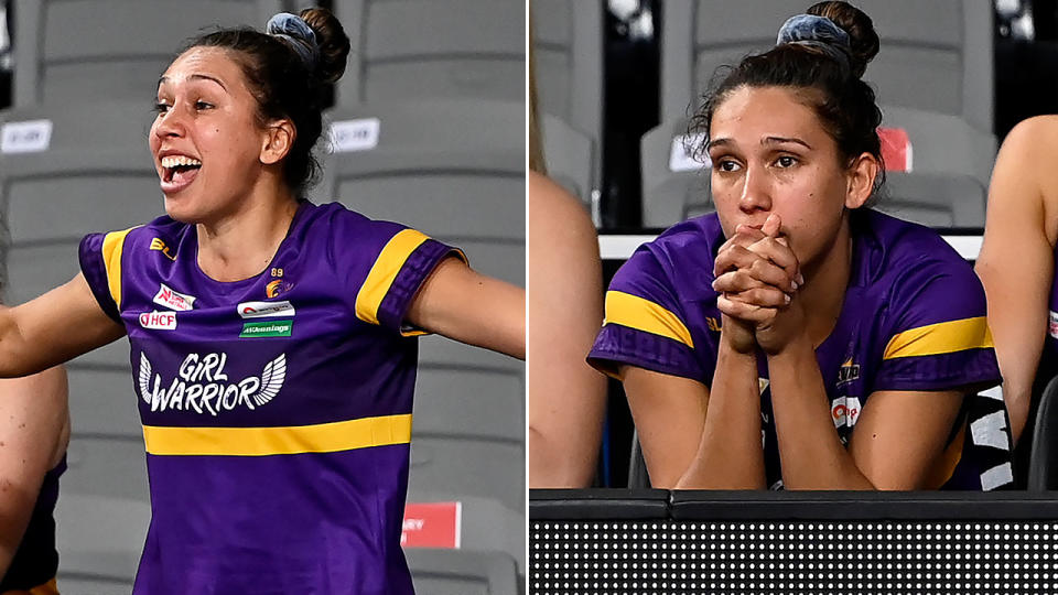 Pictured here, Jemma Mi Mi watches on from the Queensland Firebirds bench.