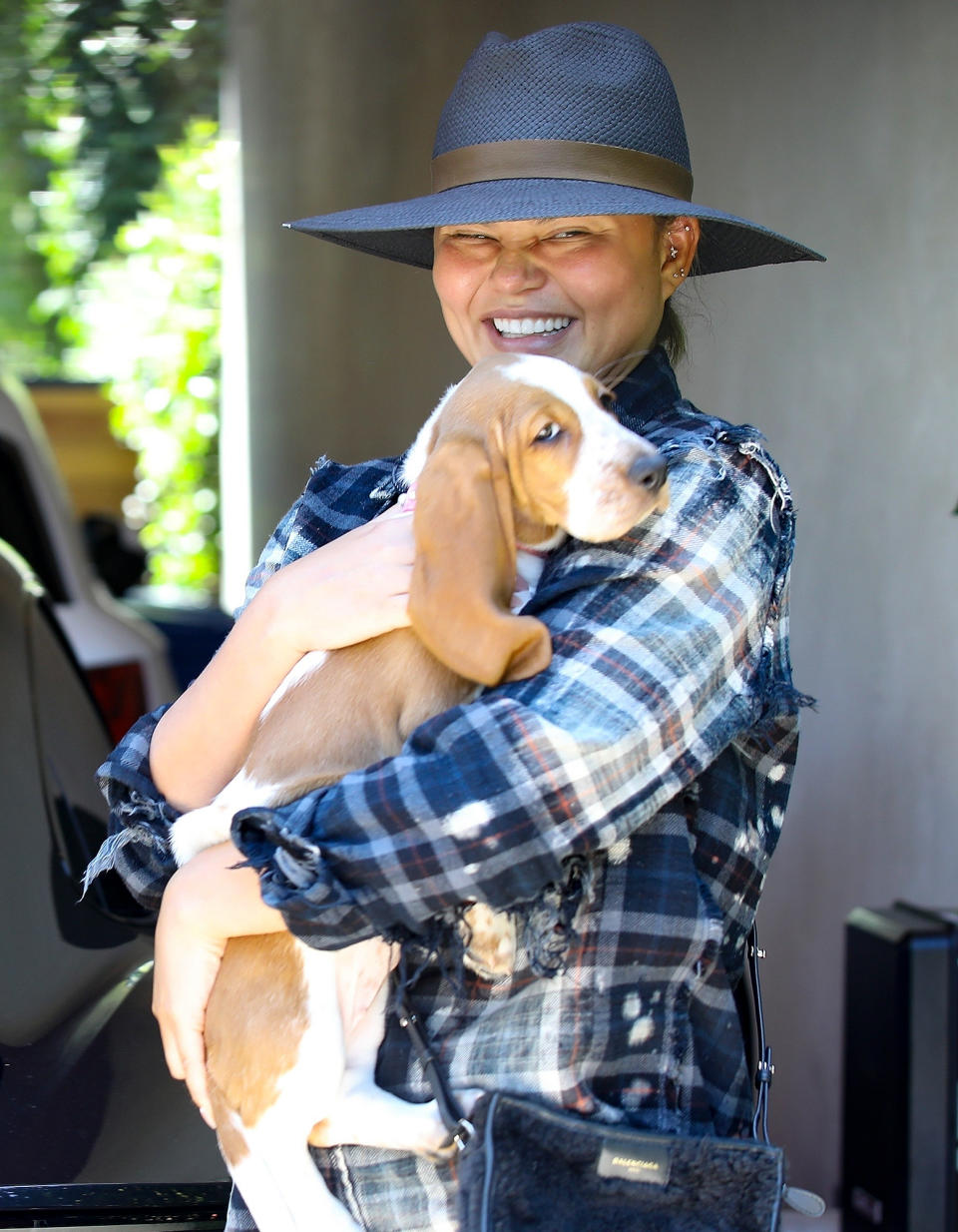 <p>Chrissy Teigen takes her new basset hound puppy Pearl to visit her office in Santa Monica on July 28.</p>