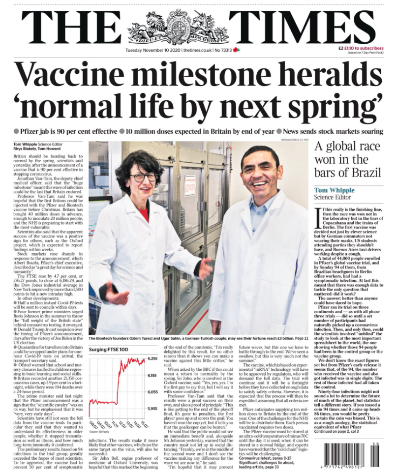 The Times called the vaccine results a 'milestone'.
