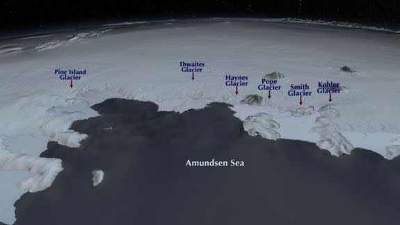 The locations of the Pine Island and Thwaites glaciers, which alone have enough ice to raise sea levels by 4 feet, says NASA.