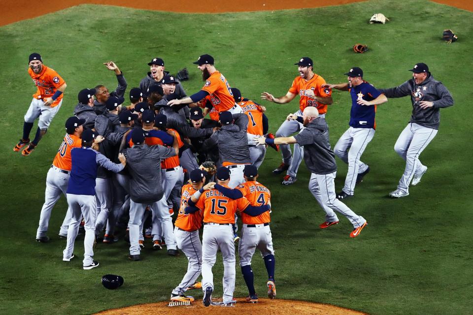 The Houston Astros celebrate defeating the Los Angeles Dodgers 5-1 in game seven to win the 2017 World Series at Dodger Stadium on November 1, 2017 in Los Angeles, California.