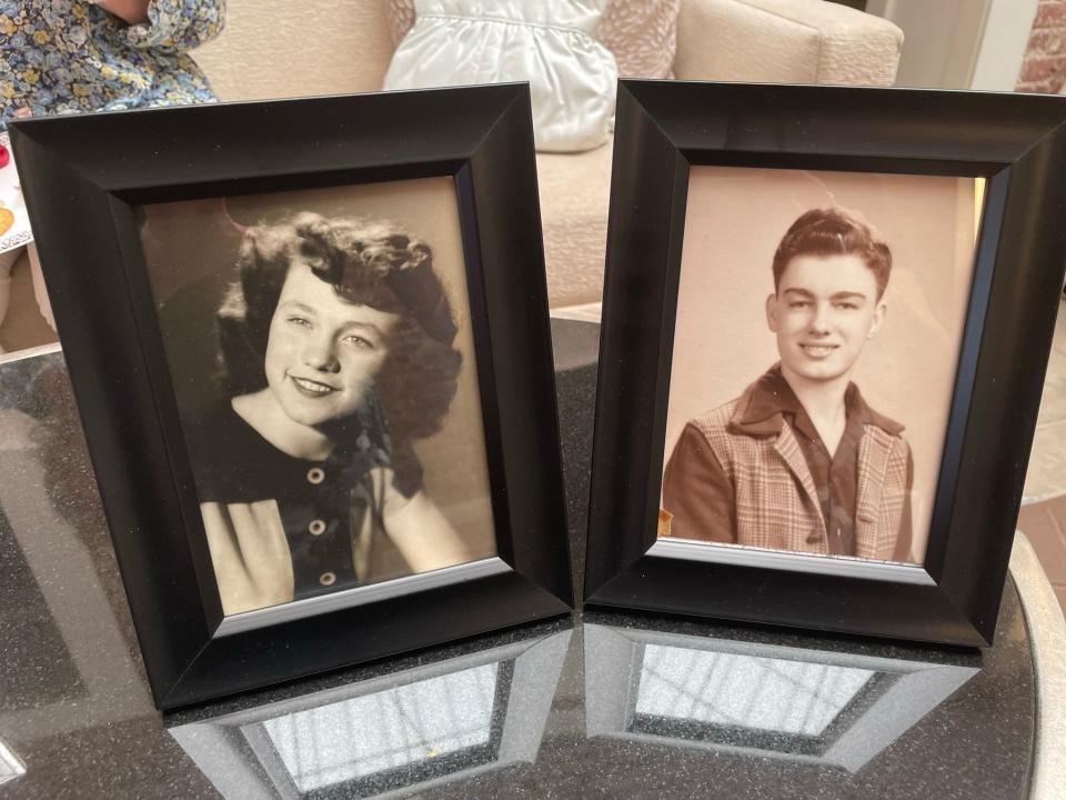 Pictures of Zenobia “Zib” and David Booth, Knoxville High school sweethearts, were included with other memorabilia at the couple’s 75th wedding anniversary celebration at Knoxville High Senior Living. June 12, 2022.