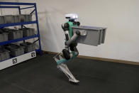 Agility Robotics' robot Digit performs maneuvers at the company's office in Pittsburgh, Wednesday, Aug. 16, 2023. Digit has a head containing cameras, other sensors and animated eyes, and a torso that essentially works as its engine. (AP Photo/Matt Freed)