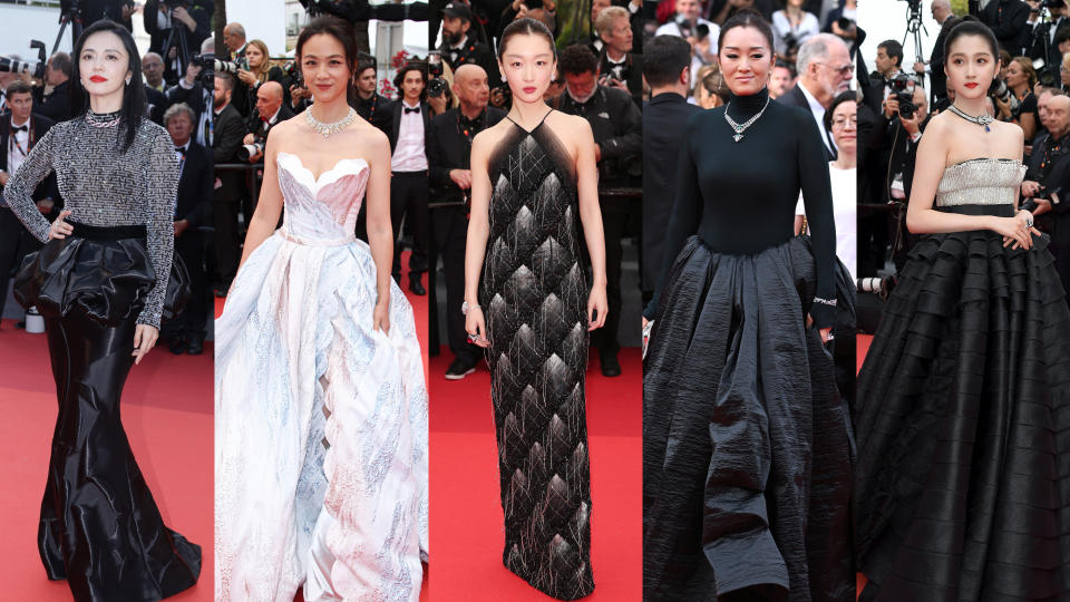 Chinese actresses Yao Chen, Tang Wei, Zhou Dongyu, Gong Li, and Guan Xiaotong on the red carpet at the 76th Annual Cannes Film Festival.