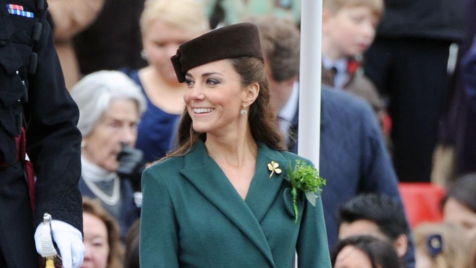 Catherine, Duchess of Cambridge presents shamrocks to members of the 1st Battalion Irish Guards 