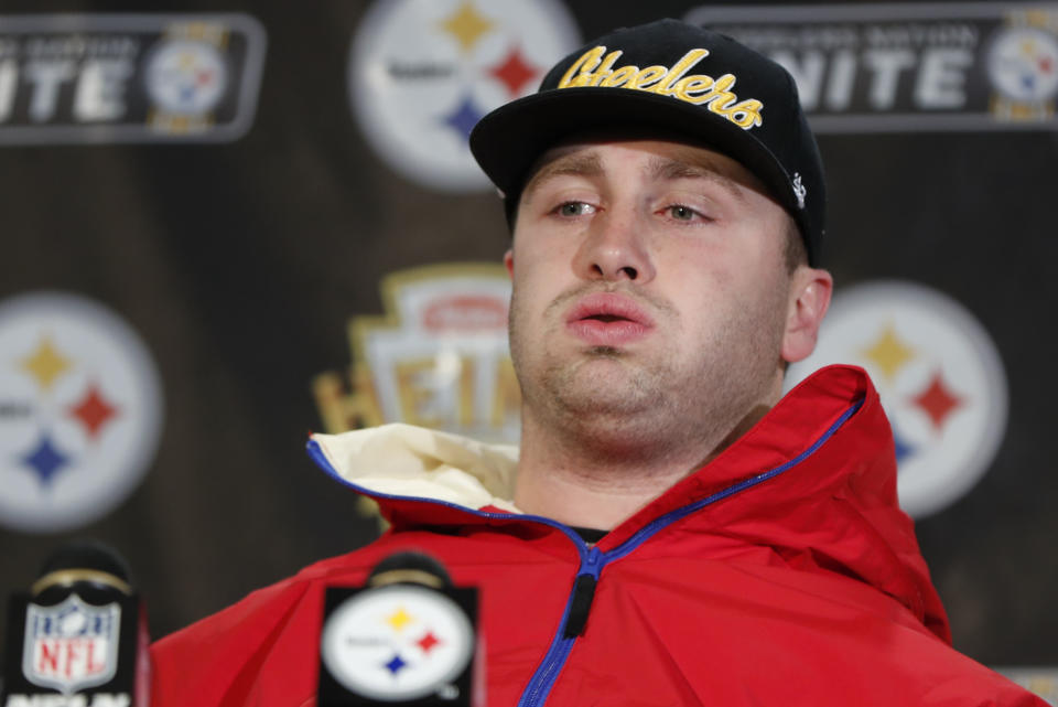 Pittsburgh Steelers quarterback Devlin Hodges waits for reporters questions during a news conference after an NFL football game against the Buffalo Bills, Sunday, Dec. 15, 2019, in Pittsburgh. The Steelers lost 17-10. (AP Photo/Keith Srakocic)