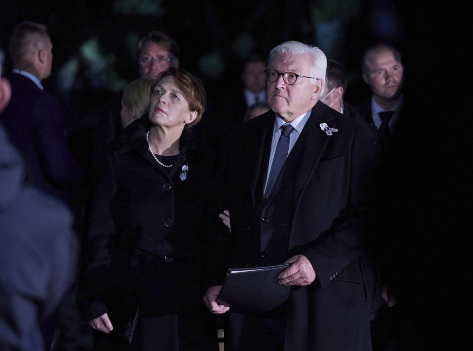 Germany's Federal President Frank-Walter Steinmeier attends commemorative events marking the 80th anniversary of the Babi Yar massacre of Kyiv Jews perpetrated by German occupying forces in 1941 in Kyiv, Ukraine, Wednesday, Oct. 6, 2021. (Ukrainian Presidential Press Office via AP)