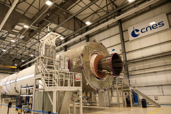 This photograph shows the lower stage of Ariane 6 European expendable launch vehicle at Europe's Spaceport in Kourou in the French overseas department of Guiana, on March 26, 2024.