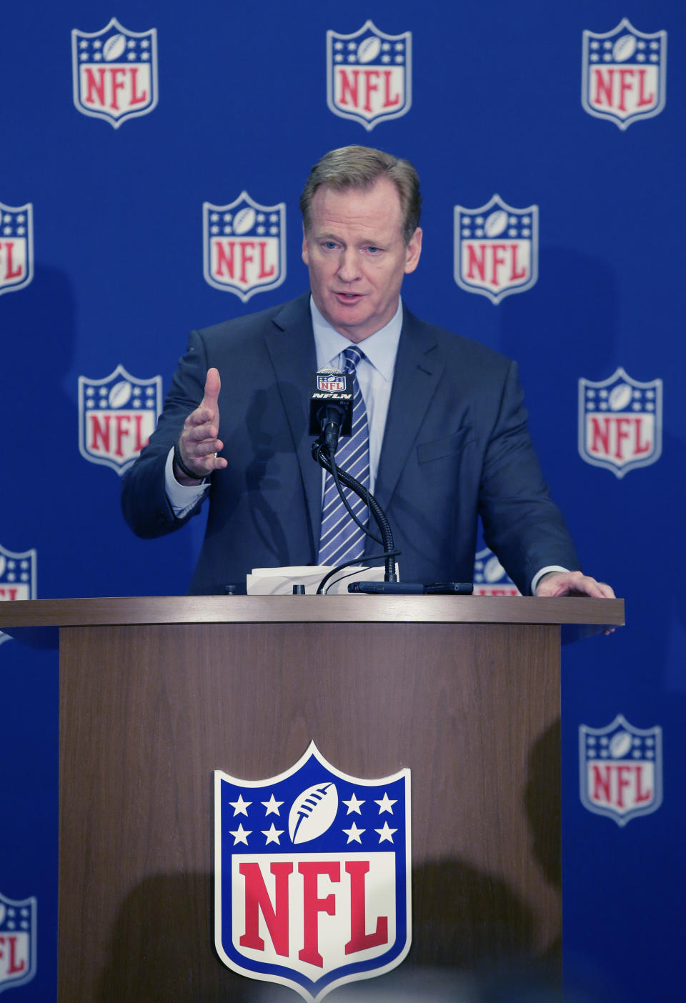 NFL Commissioner Roger Goodell speaks to reporters after the NFL football owners meeting in Irving, Texas, Wednesday, Dec. 14, 2016. (AP Photo/LM Otero)