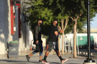 Members of the San Jose Earthquakes depart the stadium where the team had been scheduled to play the Portland Timbers in an MLS soccer match in San Jose, Calif., Wednesday, Aug. 26, 2020. Major League Soccer players boycotted five games Wednesday night in a collective statement against racial injustice. The players' action came after all three NBA playoff games were called off in a protest over the police shooting of Jacob Blake in Wisconsin on Sunday night.