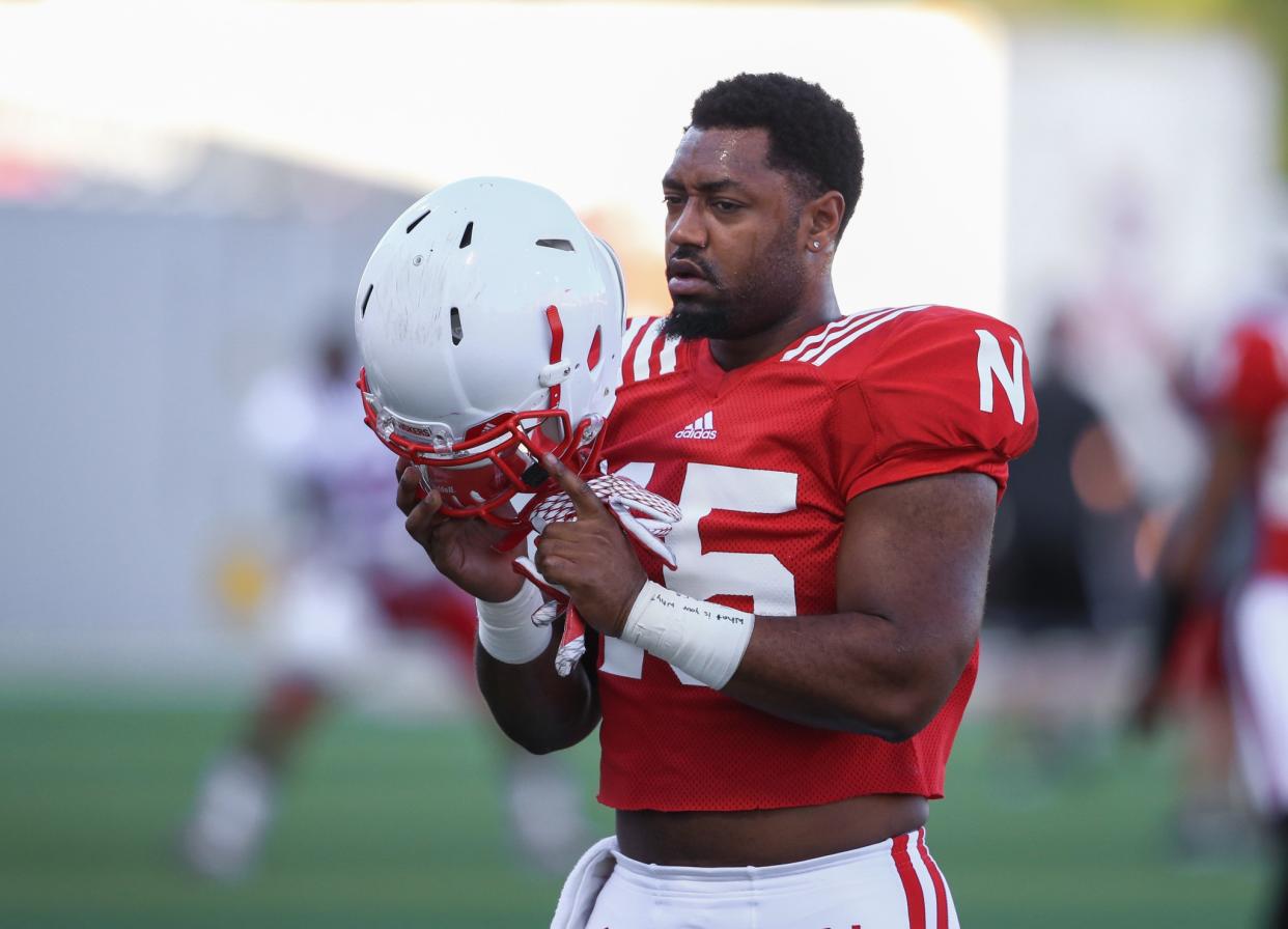 Nebraska linebacker Michael Rose-Ivey was one of three Huskers players to kneel during the national anthem on Saturday. (AP Photo/Nati Harnik)