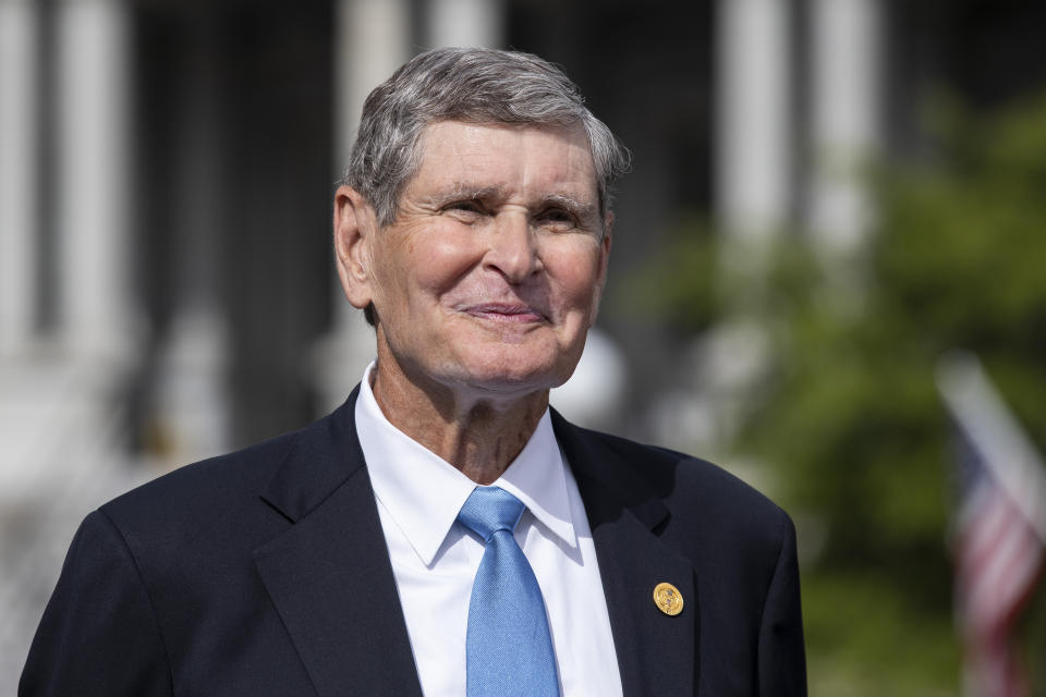 Jim Ryun pauses during a television interview before President Donald Trump presents him the Presidential Medal of Freedom, at the White House, Friday, July 24, 2020, in Washington. (AP Photo/Alex Brandon)