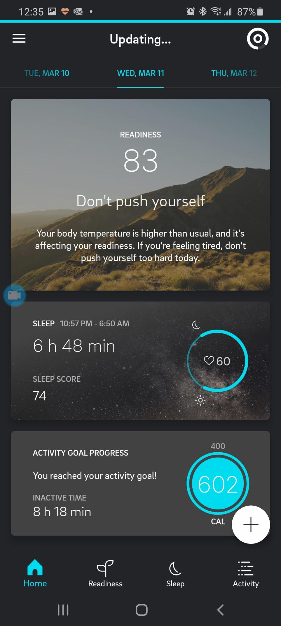 A screen shot from the Oura Ring app, showing how it uses temperature to help gauge recovery