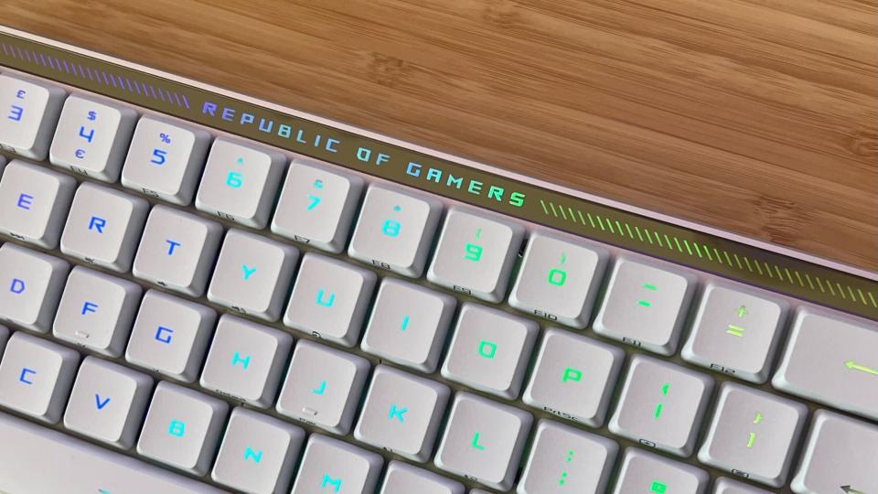 close up on RGB LED display at the top of Asus ROG Falchion RX Low Profile gaming keyboard
