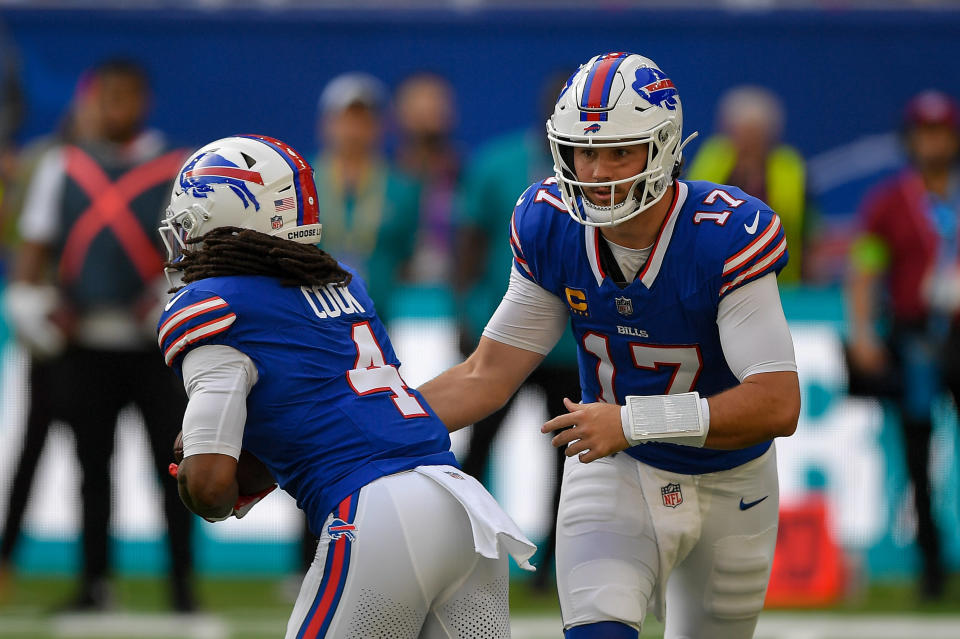 James Cook of Buffalo Bills and Josh Allen of Buffalo Bills