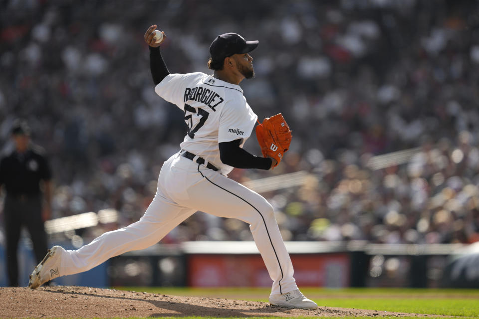 Detroit Tigers pitcher Eduardo Rodriguez throws against the Cleveland Guardians in the third inning of a baseball game, Sunday, Oct. 1, 2023, in Detroit. (AP Photo/Paul Sancya)
