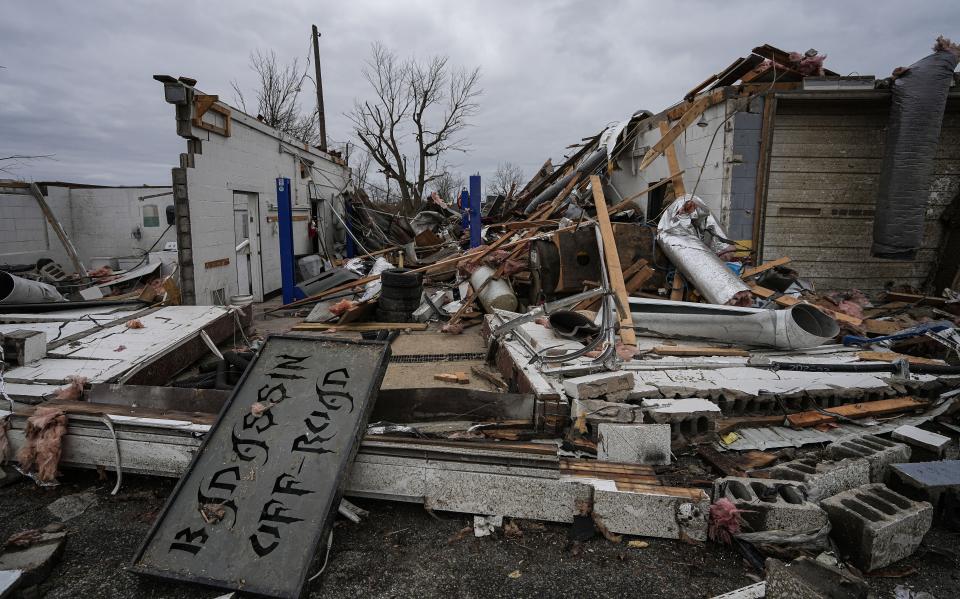 Homes lay in ruins after a tornado ripped Central Indiana on Saturday, April 1, 2023 in Whiteland.