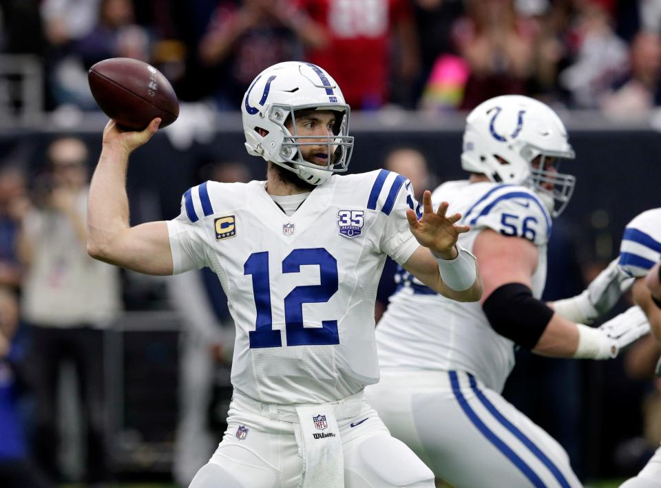 In this Saturday, Jan. 5, 2019, file photo, then-Indianapolis Colts quarterback Andrew Luck throws against the Houston Texans during the first half of an NFL wild card playoff football game in Houston.