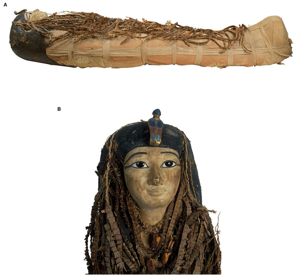 (A) Side view of the mummy of Amenhotep I shows the body fully wrapped in linen, covered from head to feet with floral garlands, and wearing a head mask. (B) Head mask of the mummy of Amenhotep I, made of painted wood and cartonnage.  / Credit: Sahar N. Saleem, Zahi Hawass / Frontiers in Medicine