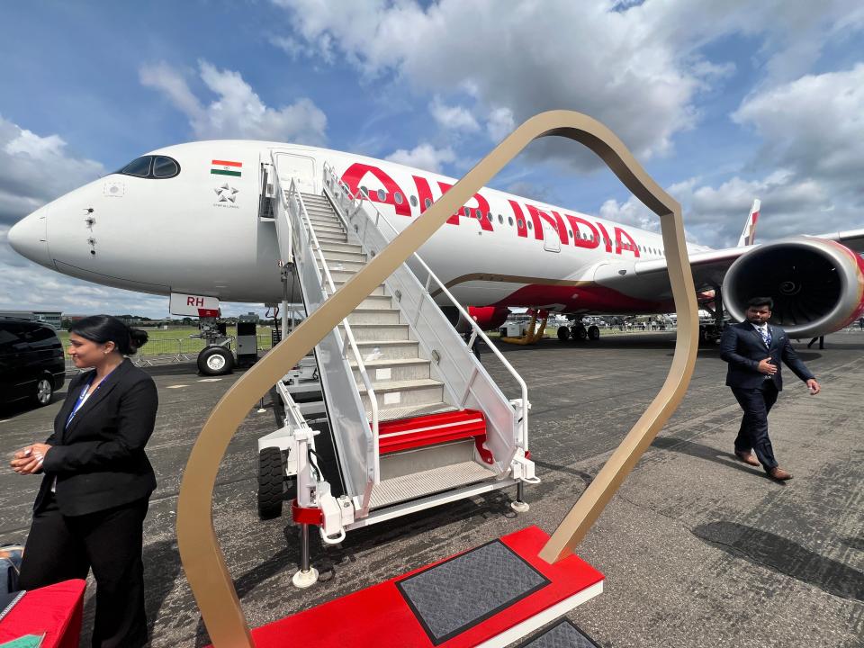 A view up the steps of an Air India Airbus A350-900 on display at the 2024 Farnborough Airshow.