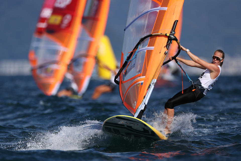 <p>FUJISAWA, JAPAN - JULY 25: Katye Spychakov of Team Israel competes in the Women's RS:X Windsurf class on day two of the Tokyo 2020 Olympic Games at Enoshima Yacht Harbour on July 25, 2021 in Fujisawa, Kanagawa, Japan. (Photo by Clive Mason/Getty Images)</p> 