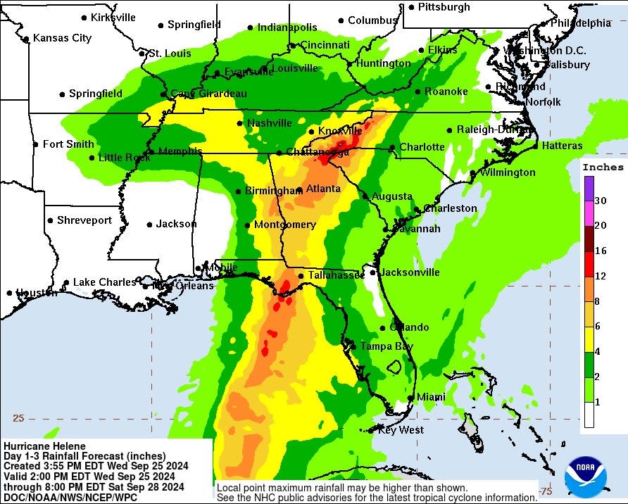 A map of Hurricane Helene’s rainfall potential (National Weather Service)