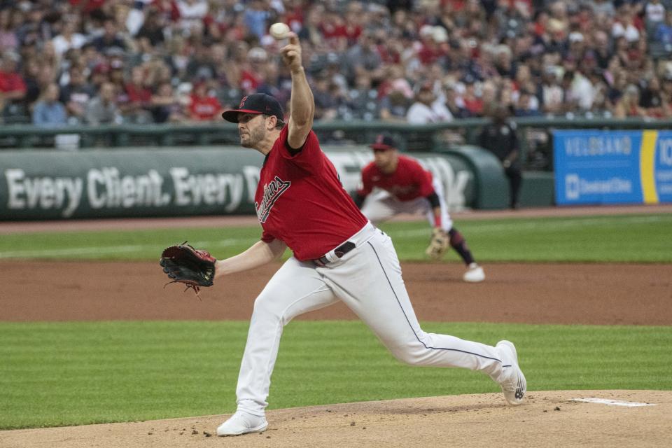 Cleveland Guardians starting pitcher Konnor Pilkington delivers against the Minnesota Twins during the first inning of the second game of a baseball doubleheader in Cleveland, Saturday, Sept. 17, 2022. (AP Photo/Phil Long)