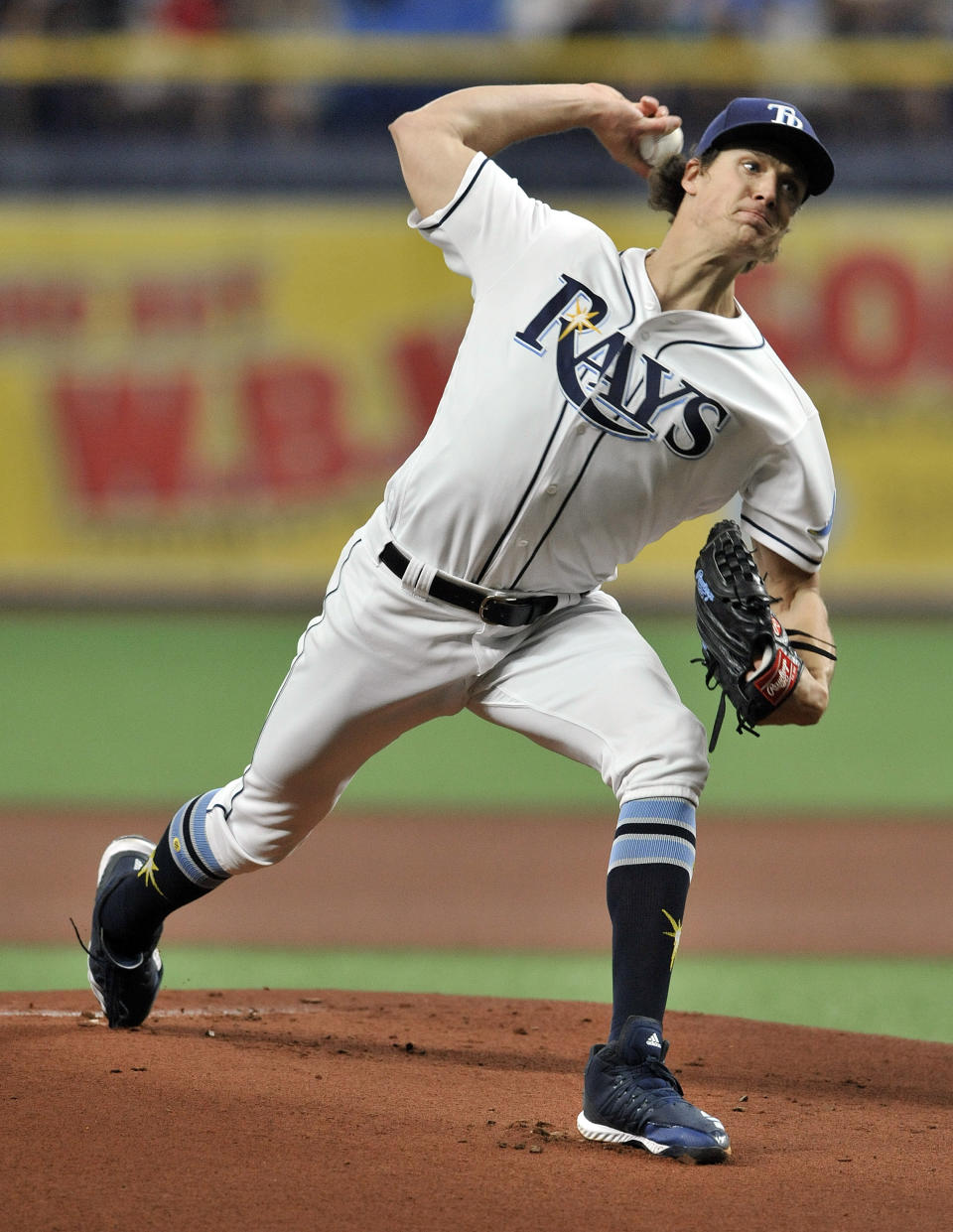 Tampa Bay Rays starter Tyler Glasnow pitches against the New York Yankees during the first inning of a baseball game Friday, May 10, 2019, in St. Petersburg, Fla. (AP Photo/Steve Nesius)