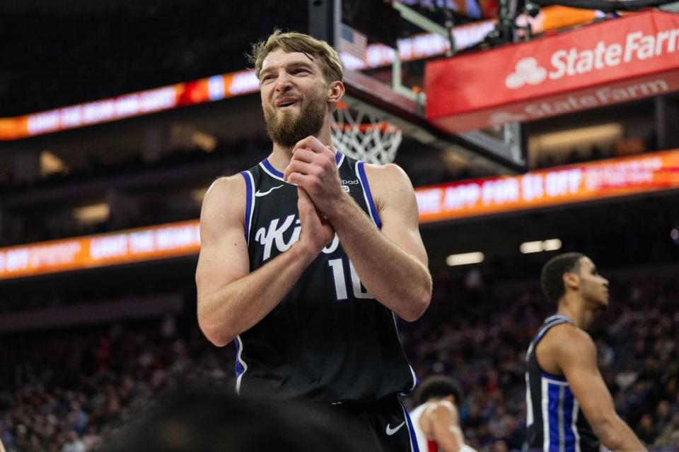 Sacramento Kings forward Domantas Sabonis (10) reacts to a foul call during an NBA game against the Detroit Pistons on Wednesday at Golden 1 Center.