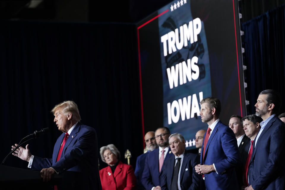 Republican presidential candidate former President Donald Trump speaks at a caucus night party in Des Moines, Iowa, Monday, Jan. 15, 2024. (AP Photo/Andrew Harnik)