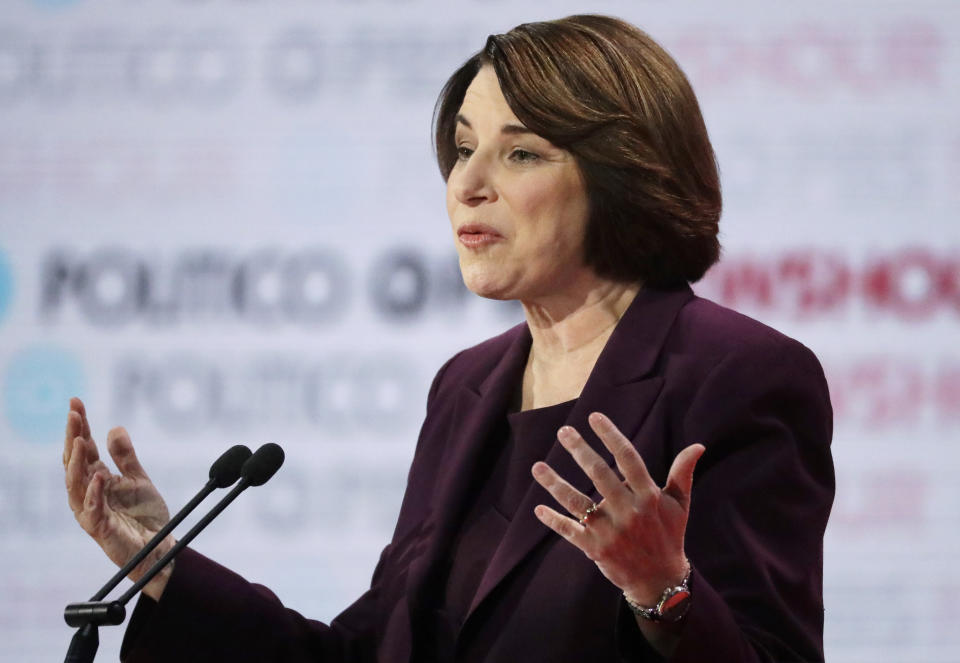 Democratic presidential candidate Sen. Amy Klobuchar, D-Minn., speaks during a Democratic presidential primary debate Thursday, Dec. 19, 2019, in Los Angeles. (AP Photo/Chris Carlson)