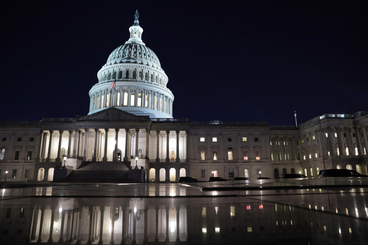 WASHINGTON, DC - MARCH 05: The U.S. Capitol is seen in the evening hours on March 5, 2021 in Washington, DC. The Senate continues to debate the latest COVID-19 relief bill. (Photo by Alex Wong/Getty Images)