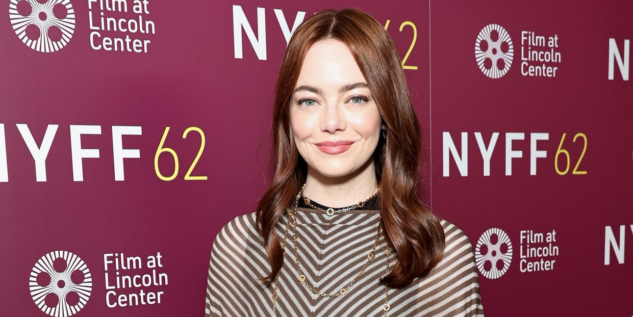 new york, new york october 05 emma stone poses backstage during the screening of a real pain during the 62nd new york film festival at alice tully hall, lincoln center on october 05, 2024 in new york city photo by jamie mccarthygetty images for flc