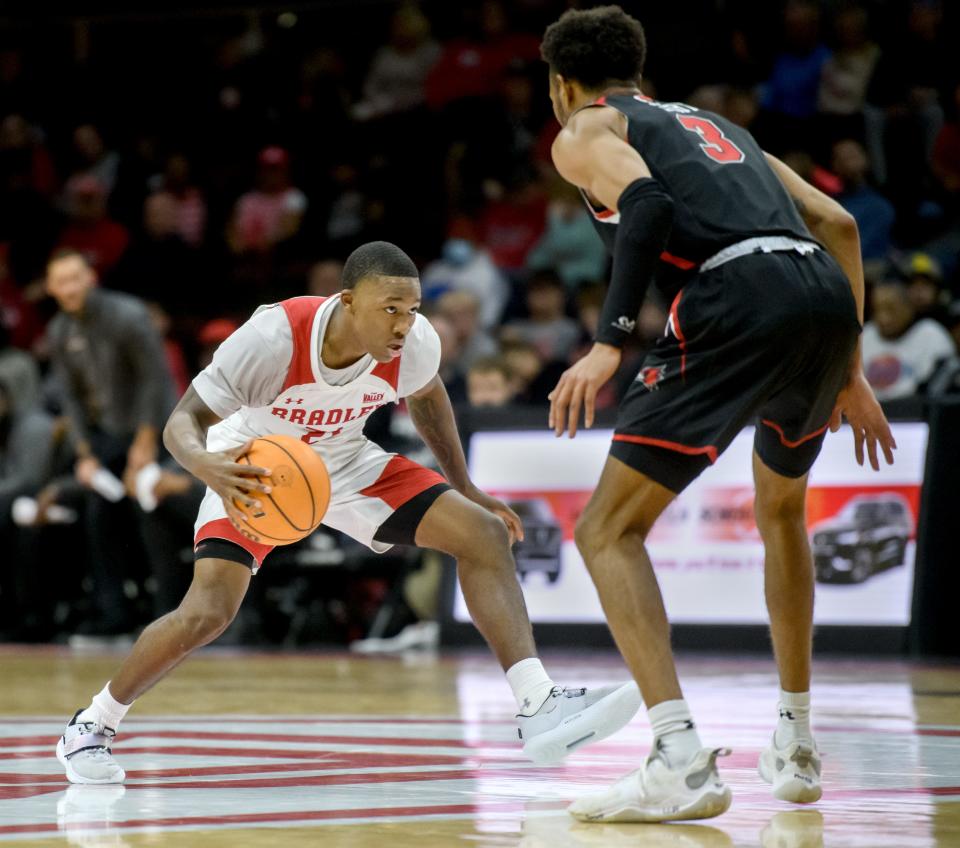 Bradley's Duke Deen eyes his opponent, SEMO's Aquan Smart in the second half Saturday, Nov. 19, 2022 at Carver Arena.