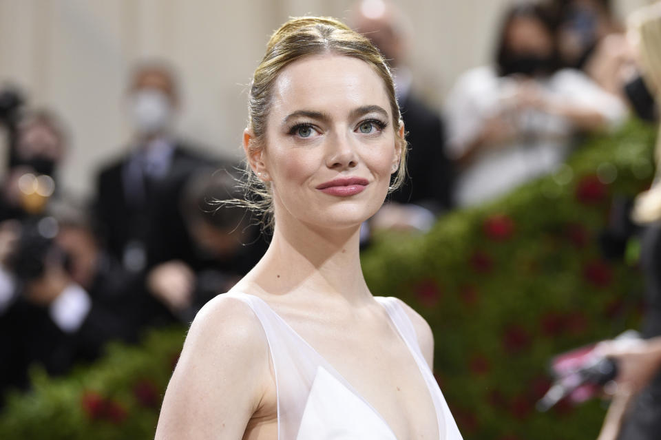 FILE - Emma Stone attends The Metropolitan Museum of Art's Costume Institute benefit gala celebrating the opening of the "In America: An Anthology of Fashion" exhibition on Monday, May 2, 2022, in New York. Stone turns 34 on Nov. 6. (Photo by Evan Agostini/Invision/AP, File)