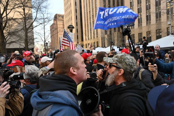 PHOTO: A supporter of former President Donald Trump argues with opponents outside the Manhattan District Attorney's office in New York City on April 4, 2023, ahead of his expected appearance before a New York judge. (Angela Weiss/AFP via Getty Images)