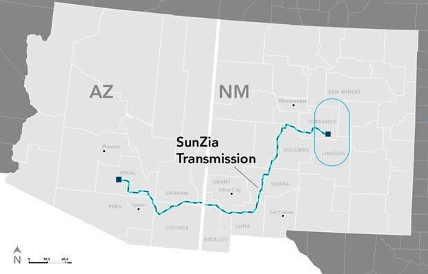 A map of the Sun Zia Transmission line's route through southern New Mexico to Arizona. The project will connect wind power generated in southeast New Mexico with markets to the west.
