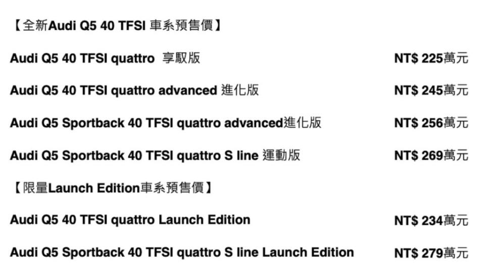 新年式Q5車系預售編成。(圖片來源/ Audi)