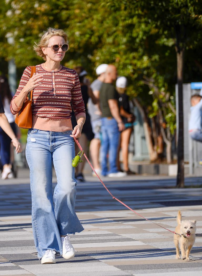 Naomi Watts sale a pasear con su perro en la ciudad de Nueva York. La actriz de 53 años optó por un sweater a rayas de manga larga combinado con pantalones gastados y zapatillas blancas