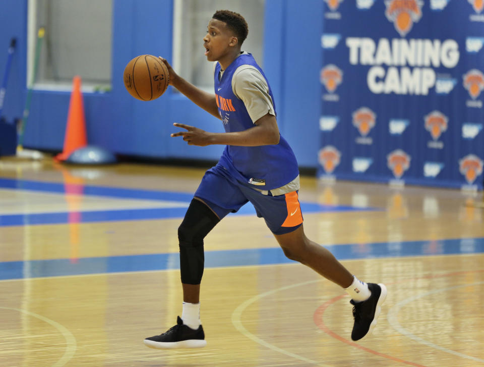New York Knicks guard Frank Ntilikina is among the 2017 crop of imports trying to make an NBA impact. (AP Photo/Seth Wenig)