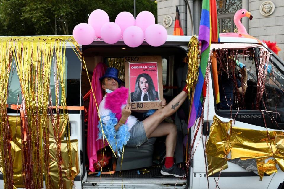 <p>Demonstrators march during the 2020 Pride parade in Madrid on 28 June.</p>