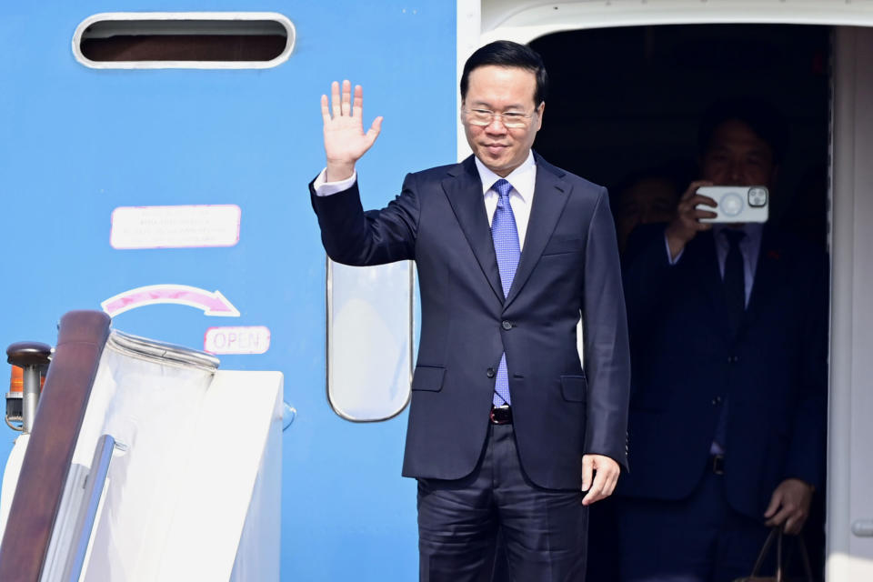 FILE - Vietnam's President Vo Van Thuong arrives at Beijing Capital International Airport to attend the Belt and Road Forum in Beijing, China, Tuesday, Oct. 17, 2023. Vietnamese President Vo Van Thuong resigned after a little over a year in the position, state media VN Express reported. His resignation takes place amid an intense anti-corruption campaign that has hit the highest echelons of the Communist Party. (Parker Song/Pool Photo via AP, File)