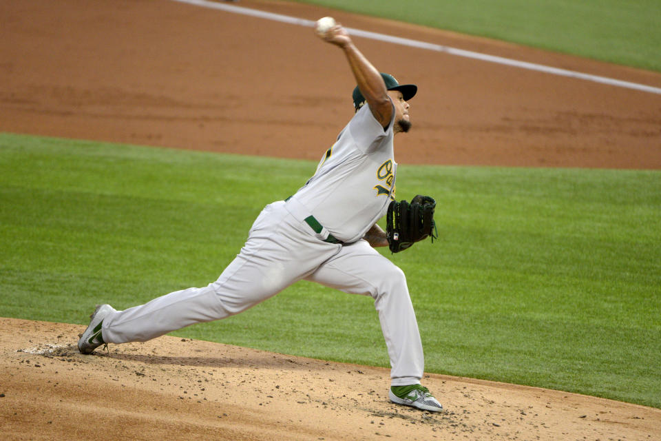 Oakland Athletics starting pitcher Frankie Montas throws in the first inning of a baseball game against the Texas Rangers in Arlington, Tex, Sunday, Sept. 13, 2020. (AP Photo/Matt Strasen)