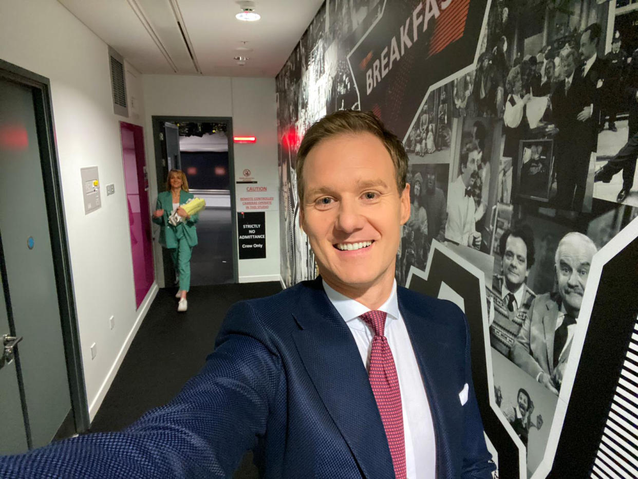 Handout photo courtesy of Dan Walker of himself in a hallway at the BBC studios in London (BBC)Dan Walker with Sally Nugent (James Stack/BBC)
