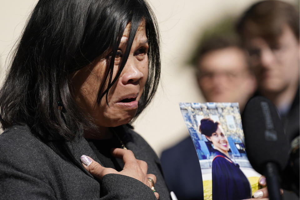 Clariss Moore, mother of Danielle Moore killed in the 2019 crash of Ethiopian Airlines 737 Max aircraft, speaks emotionally after a federal court hearing the Boeing arraignment in Fort Worth, Texas, Thursday, Jan. 26, 2023.(AP Photo/LM Otero)