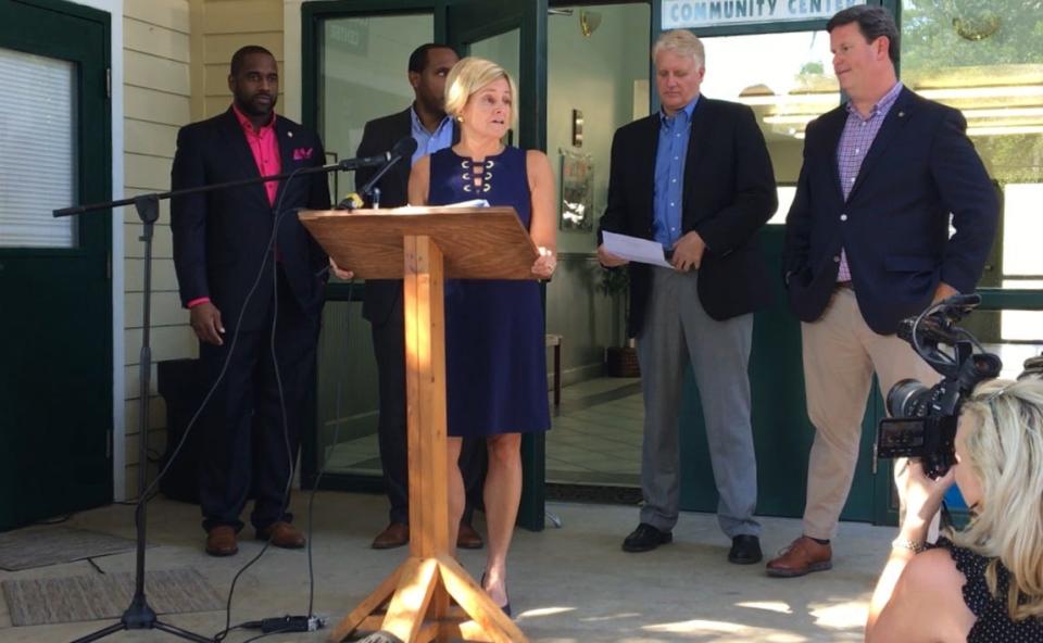 Rep. Loranne Ausley speaks about the redevelopment of Orange Avenue Apartments at a press conference Tuesday, Sept. 24.
