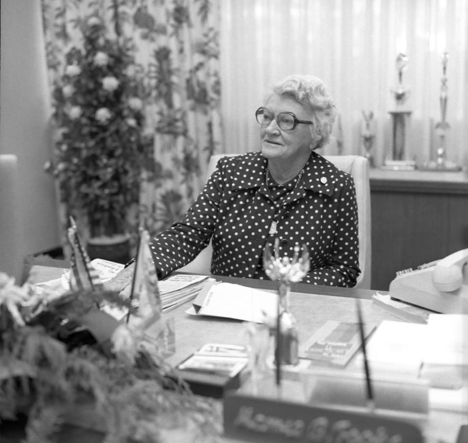 Mamie Tooke sitting in her Bank of Naples office. Photo taken December 28, 1976. She made history as its first female president in 1955. When Barnett Bank merged with Bank of Naples in 1974, she remained its president.